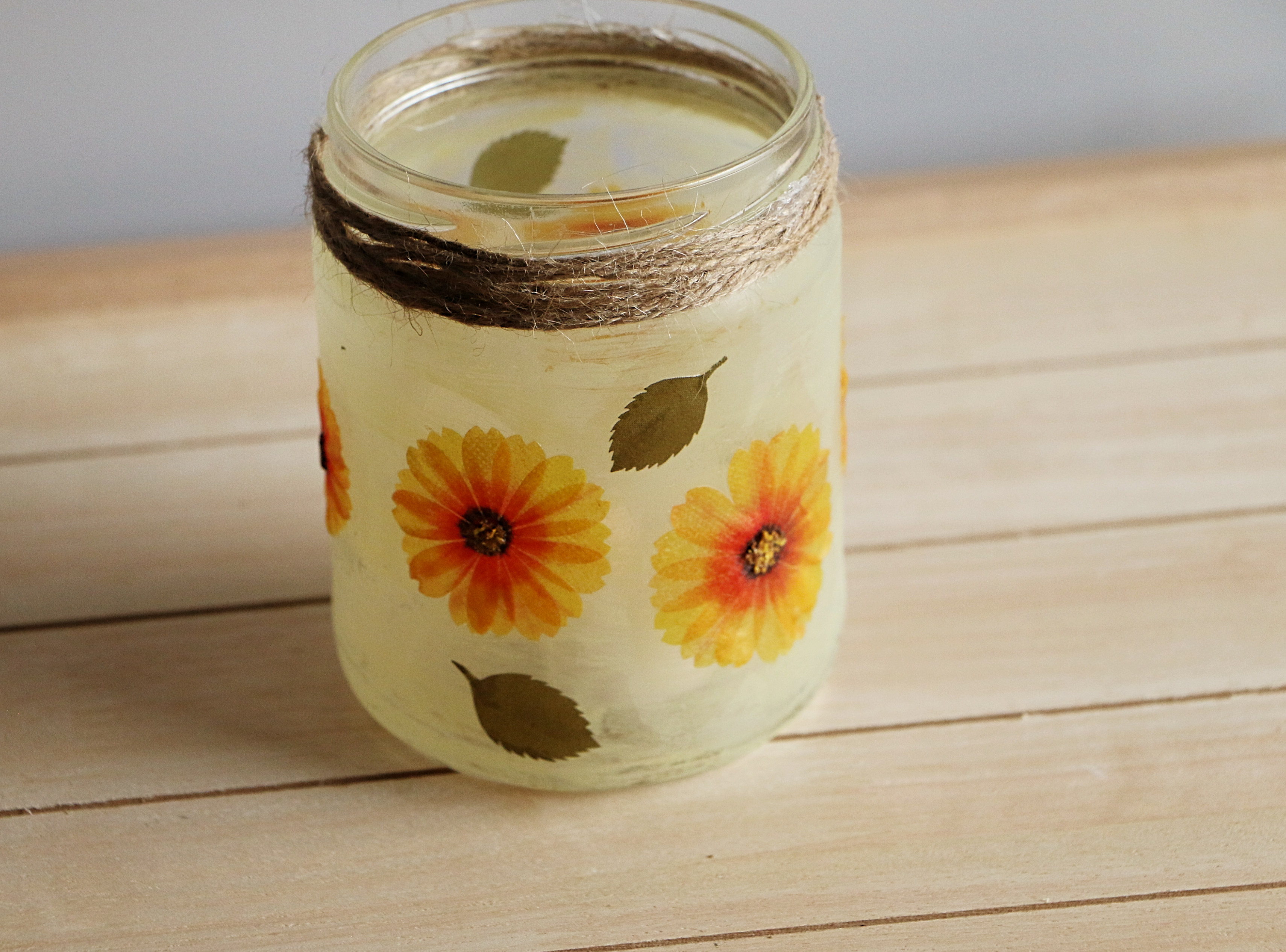 UPCYCLED GLASS JAR DESIGN WITH PAPER FLORAL EMBELLISHMENTS