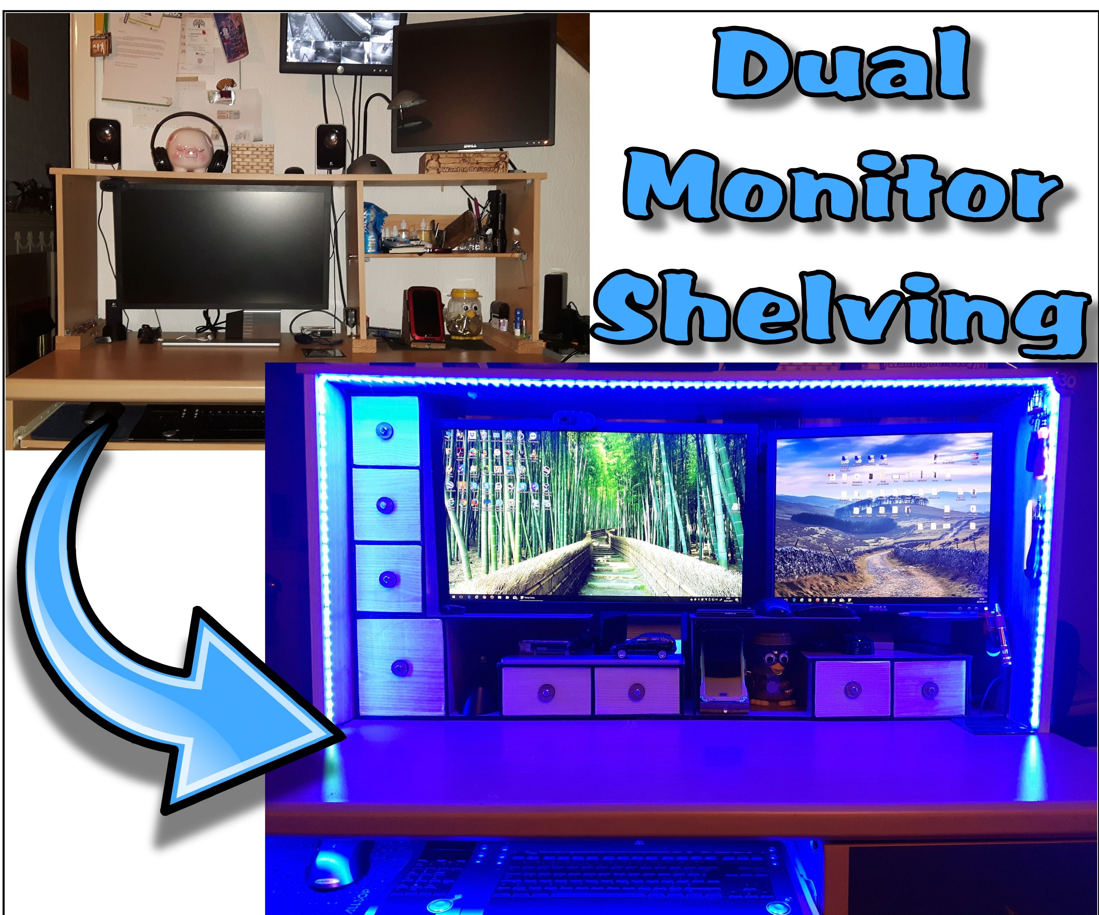 Dual-monitor Shelving Made Out of Spare Laminate Flooring
